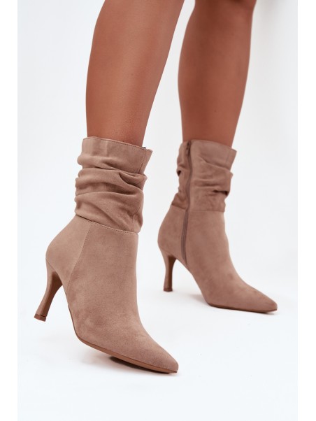 Women's Heeled Ankle Boots With Wrinkled Shaft Eco Suede Zip Beige Ulisse