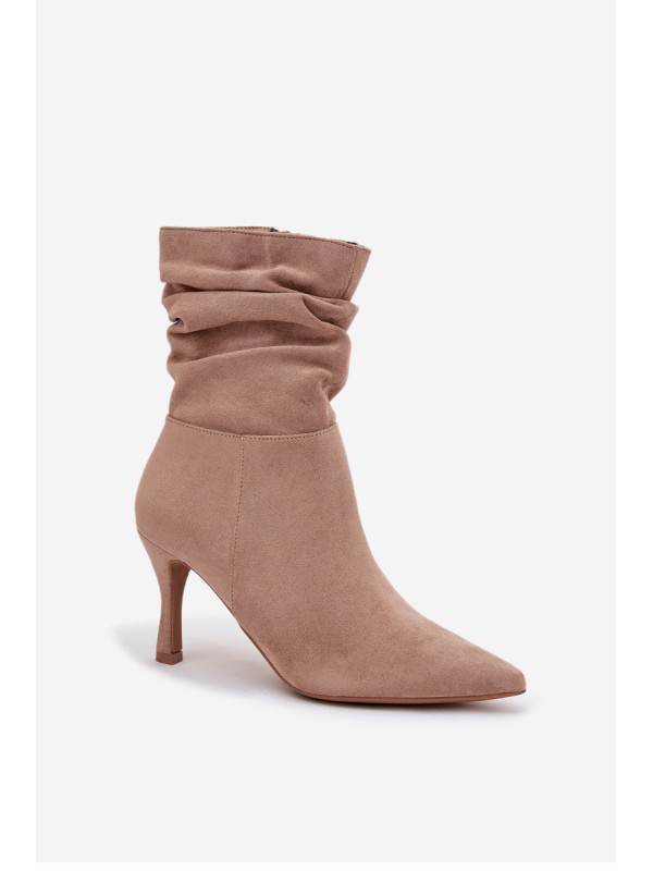 Women's Heeled Ankle Boots With Wrinkled Shaft Eco Suede Zip Beige Ulisse