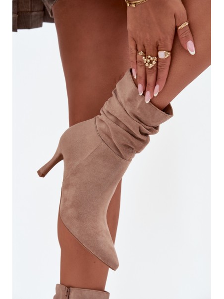 Women's Heeled Ankle Boots With Wrinkled Shaft Eco Suede Zip Beige Ulisse