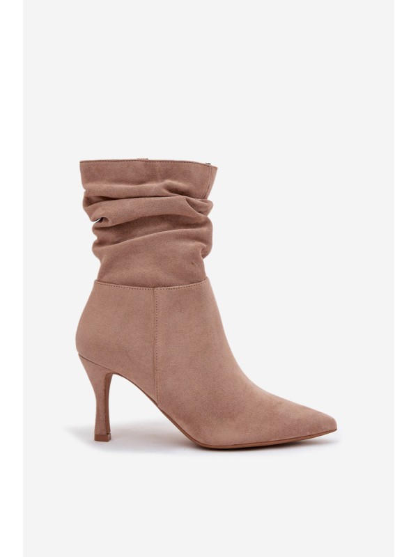 Women's Heeled Ankle Boots With Wrinkled Shaft Eco Suede Zip Beige Ulisse