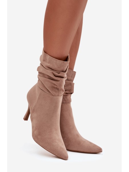 Women's Heeled Ankle Boots With Wrinkled Shaft Eco Suede Zip Beige Ulisse