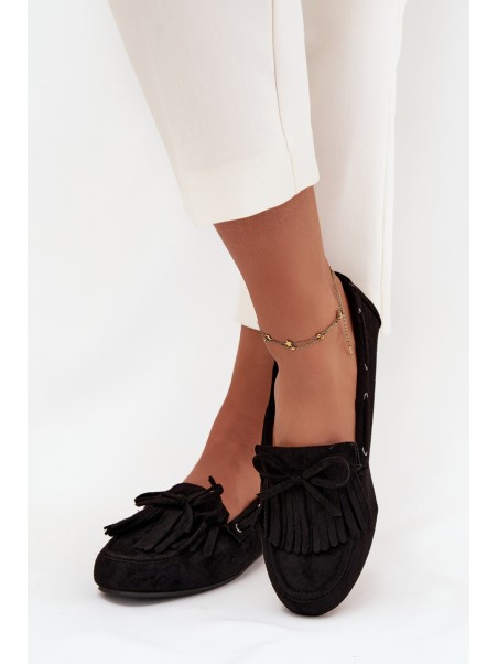 Women's moccasins with fringes and bow black Olivianne