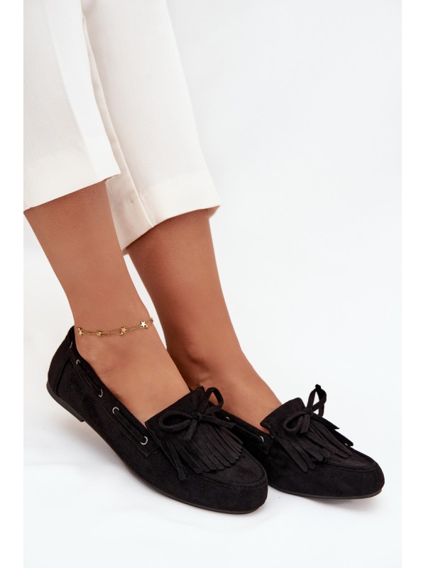 Women's moccasins with fringes and bow black Olivianne