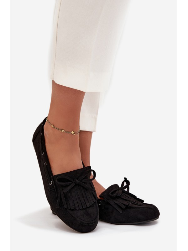 Women's moccasins with fringes and bow black Olivianne