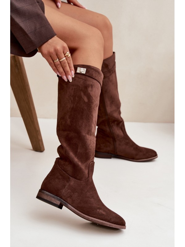 Insulated Women's Flat Heel Boots with Strap and Silver Detail Brown Geraline