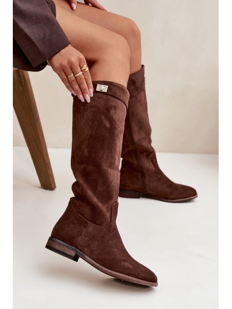 Insulated Women's Flat Heel Boots with Strap and Silver Detail Brown Geraline