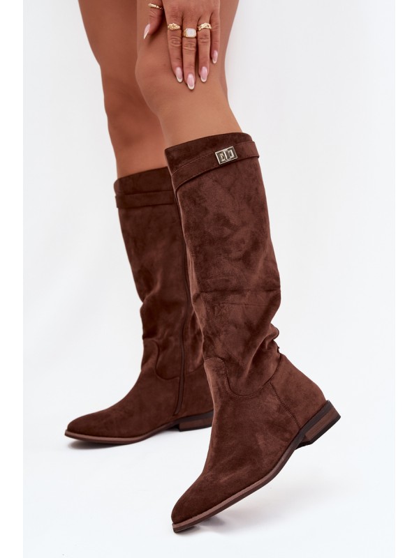 Insulated Women's Flat Heel Boots with Strap and Silver Detail Brown Geraline