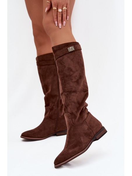 Insulated Women's Flat Heel Boots with Strap and Silver Detail Brown Geraline