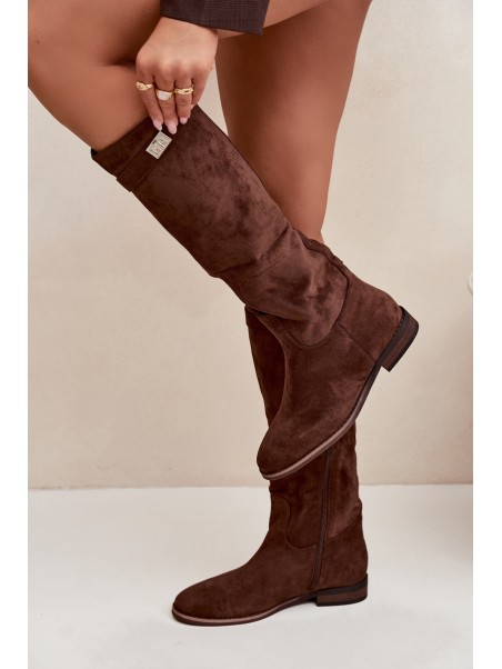 Insulated Women's Flat Heel Boots with Strap and Silver Detail Brown Geraline
