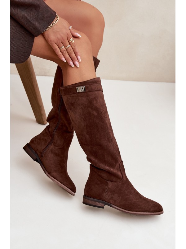 Insulated Women's Flat Heel Boots with Strap and Silver Detail Brown Geraline