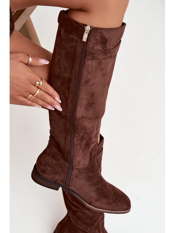 Insulated Women's Flat Heel Boots with Strap and Silver Detail Brown Geraline