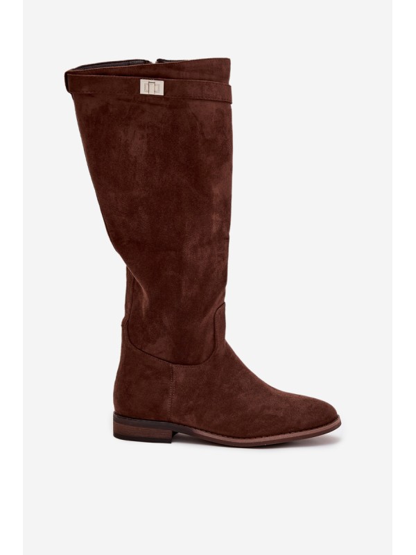 Insulated Women's Flat Heel Boots with Strap and Silver Detail Brown Geraline