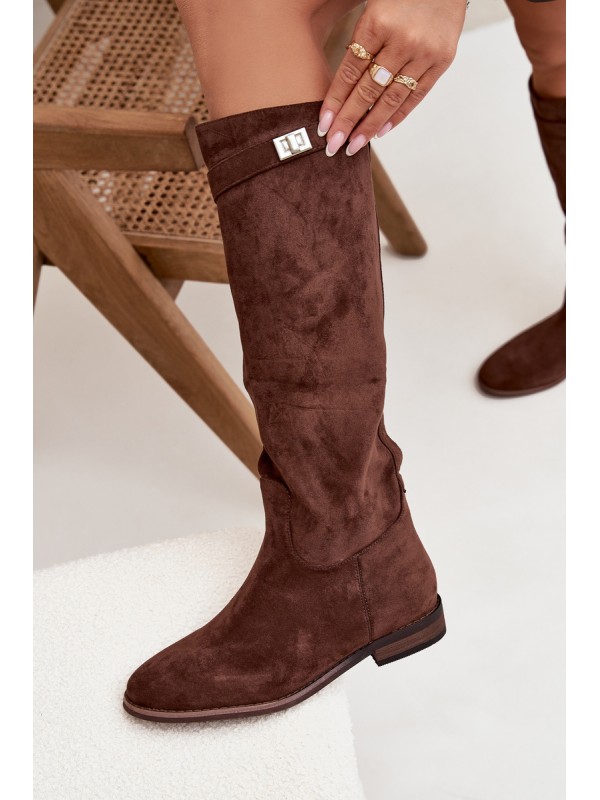 Insulated Women's Flat Heel Boots with Strap and Silver Detail Brown Geraline