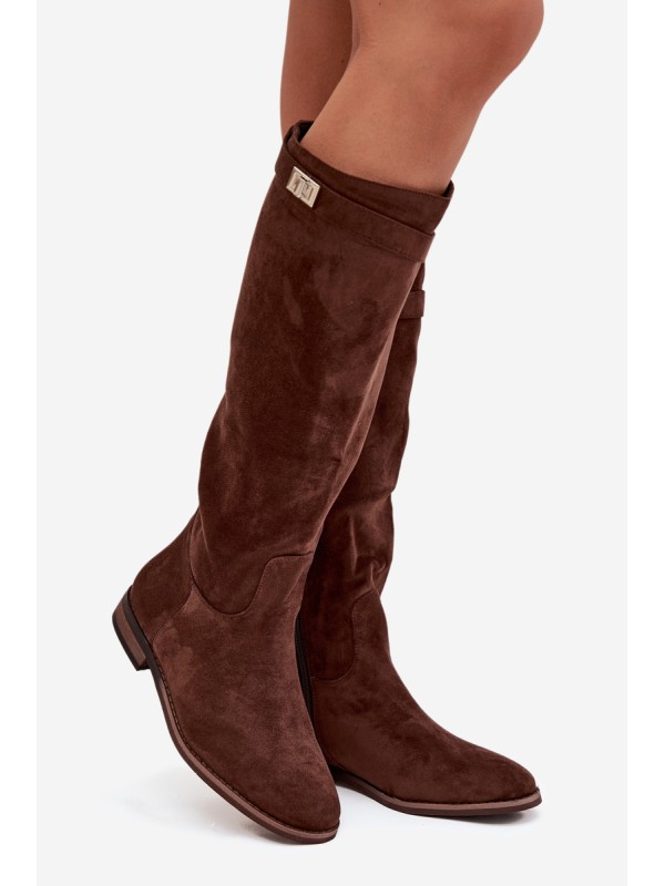 Insulated Women's Flat Heel Boots with Strap and Silver Detail Brown Geraline