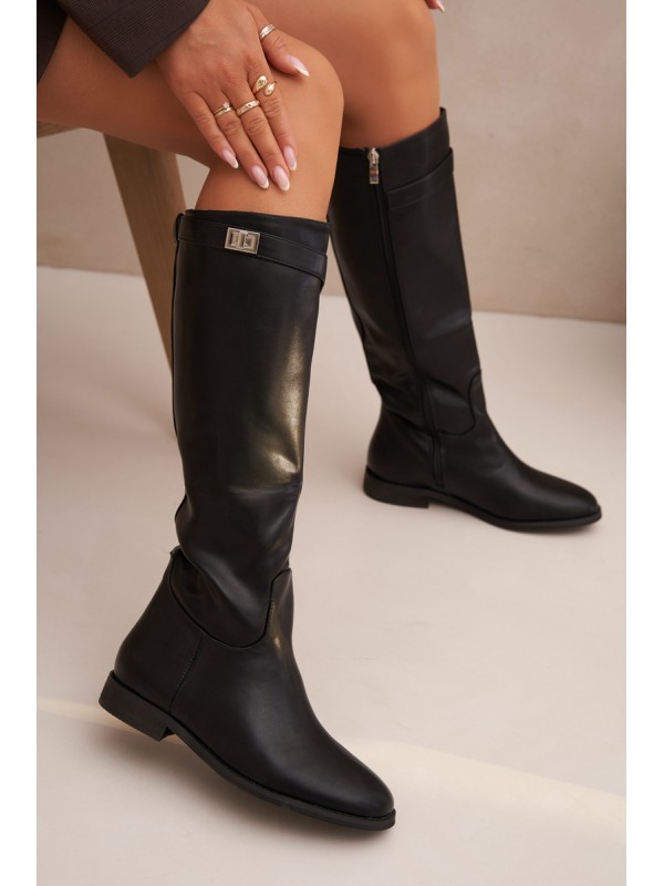 Insulated Women's Boots Flat Heel with Strap and Silver Detail Black Geraline
