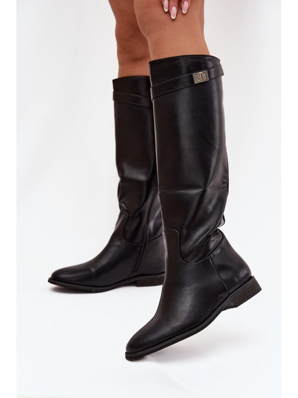 Insulated Women's Boots Flat Heel with Strap and Silver Detail Black Geraline 2