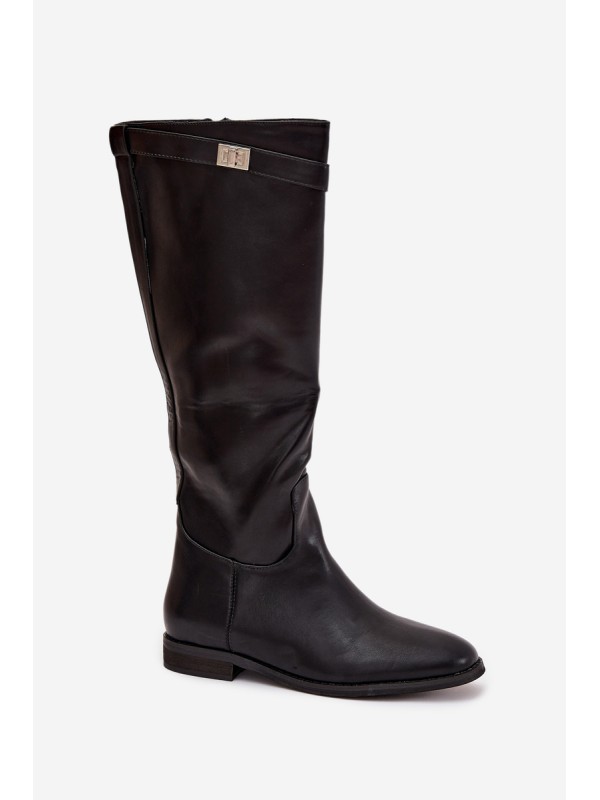 Insulated Women's Boots Flat Heel with Strap and Silver Detail Black Geraline