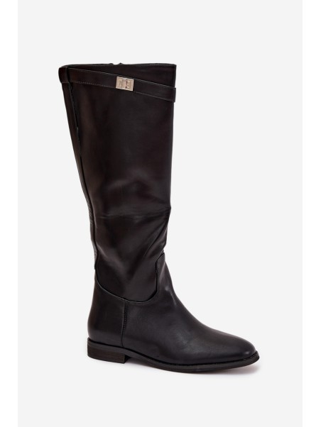 Insulated Women's Boots Flat Heel with Strap and Silver Detail Black Geraline