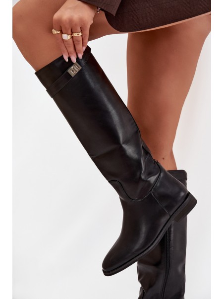 Insulated Women's Boots Flat Heel with Strap and Silver Detail Black Geraline