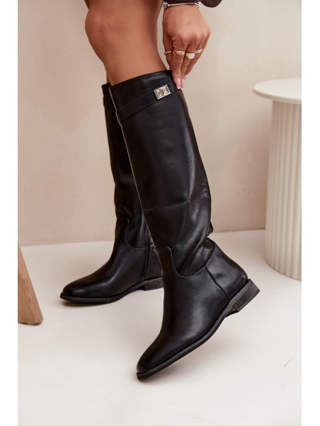 Insulated Women's Boots Flat Heel with Strap and Silver Detail Black Geraline