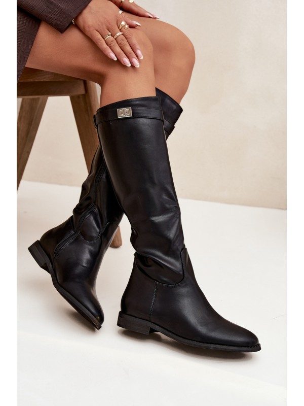 Insulated Women's Boots Flat Heel with Strap and Silver Detail Black Geraline