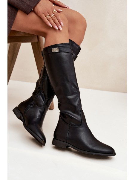 Insulated Women's Boots Flat Heel with Strap and Silver Detail Black Geraline