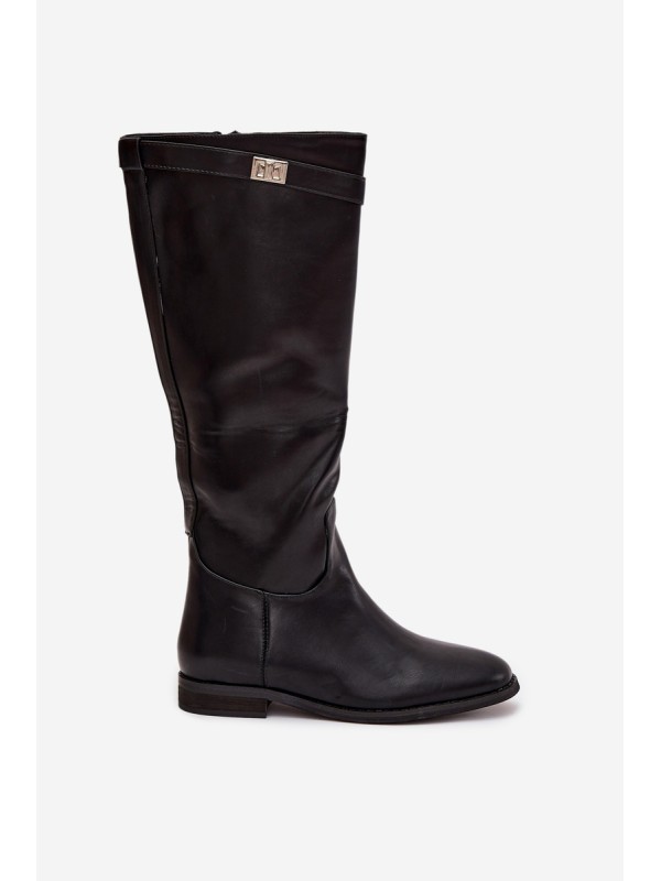 Insulated Women's Boots Flat Heel with Strap and Silver Detail Black Geraline