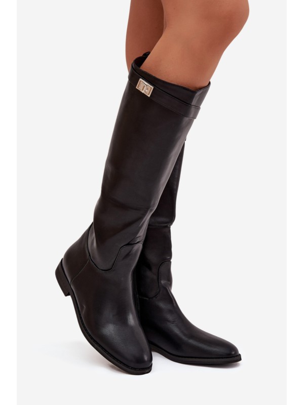Insulated Women's Boots Flat Heel with Strap and Silver Detail Black Geraline