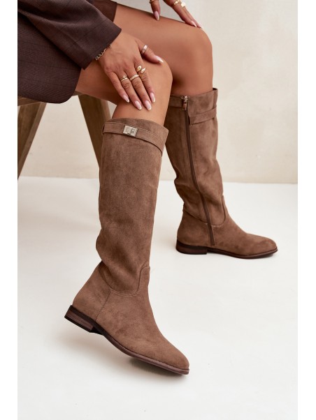 Insulated Women's Boots Flat Heel with Strap and Silver Detail Dark Beige Geraline