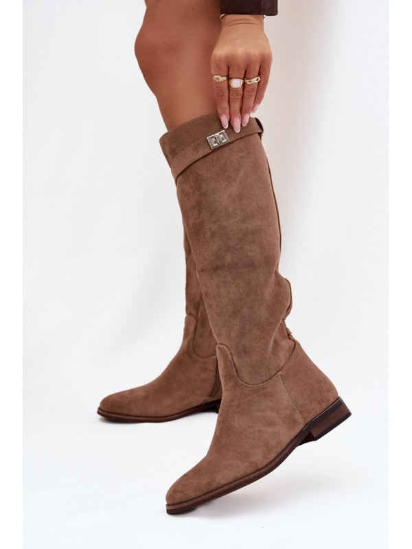 Insulated Women's Boots Flat Heel with Strap and Silver Detail Dark Beige Geraline 2