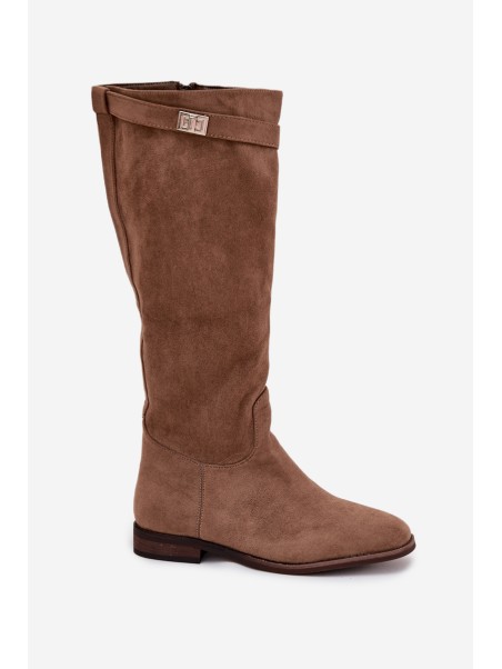 Insulated Women's Boots Flat Heel with Strap and Silver Detail Dark Beige Geraline