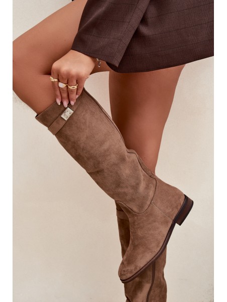 Insulated Women's Boots Flat Heel with Strap and Silver Detail Dark Beige Geraline