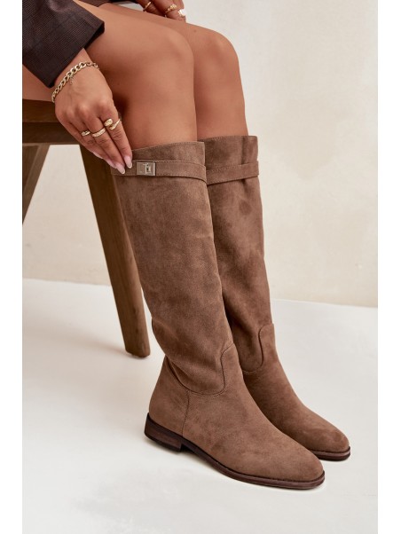 Insulated Women's Boots Flat Heel with Strap and Silver Detail Dark Beige Geraline