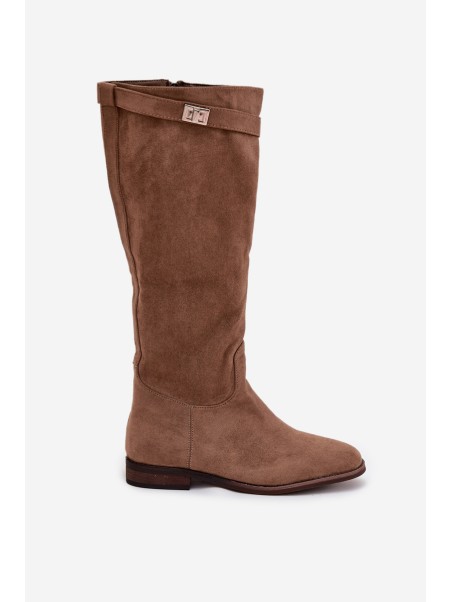 Insulated Women's Boots Flat Heel with Strap and Silver Detail Dark Beige Geraline