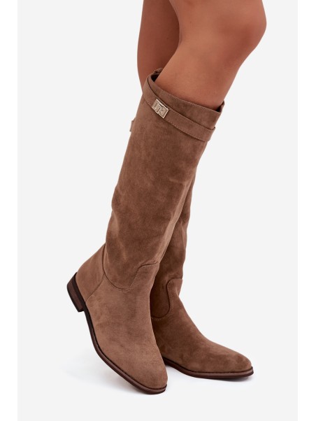 Insulated Women's Boots Flat Heel with Strap and Silver Detail Dark Beige Geraline