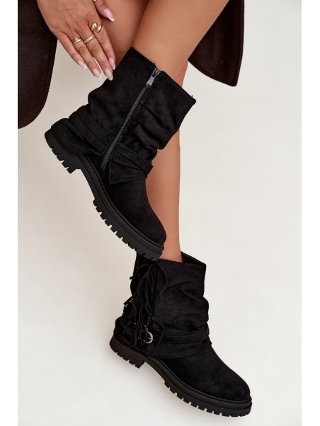 Insulated Women's Ankle Boots With Fringes And Claries On Flat Heel Black Helianne