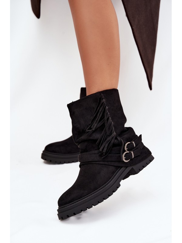 Insulated Women's Ankle Boots With Fringes And Claries On Flat Heel Black Helianne 2