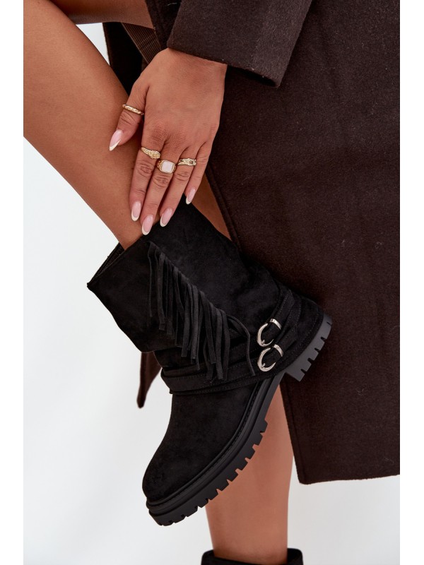 Insulated Women's Ankle Boots With Fringes And Claries On Flat Heel Black Helianne