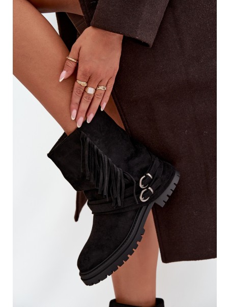 Insulated Women's Ankle Boots With Fringes And Claries On Flat Heel Black Helianne