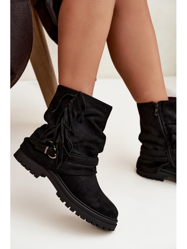 Insulated Women's Ankle Boots With Fringes And Claries On Flat Heel Black Helianne