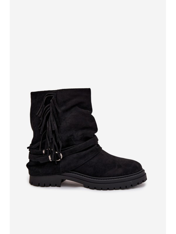 Insulated Women's Ankle Boots With Fringes And Claries On Flat Heel Black Helianne