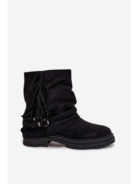Insulated Women's Ankle Boots With Fringes And Claries On Flat Heel Black Helianne