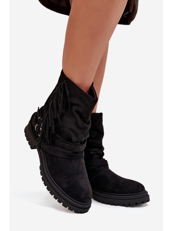 Insulated Women's Ankle Boots With Fringes And Claries On Flat Heel Black Helianne