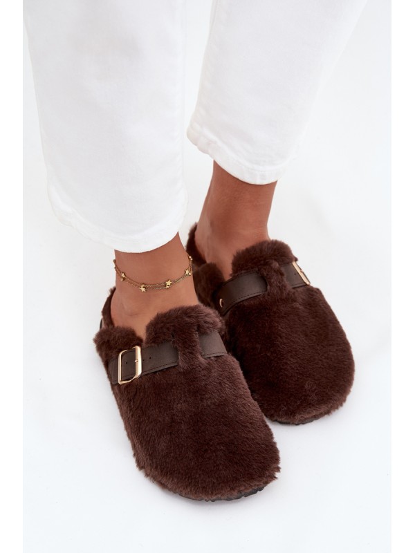 Faux fur women's slippers on a platform with a strap and buckle brown Noraline