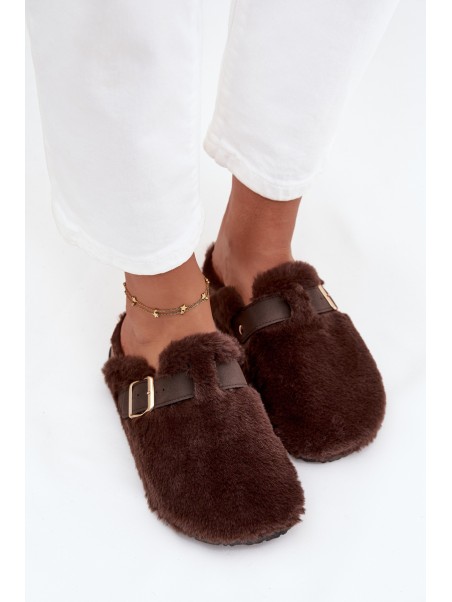 Faux fur women's slippers on a platform with a strap and buckle brown Noraline