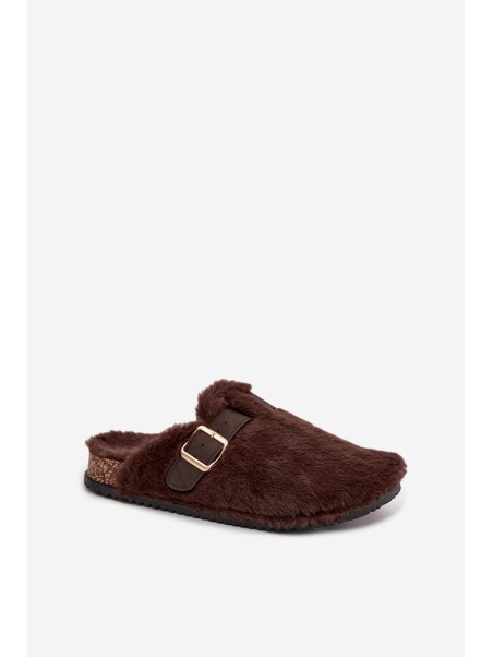 Faux fur women's slippers on a platform with a strap and buckle brown Noraline