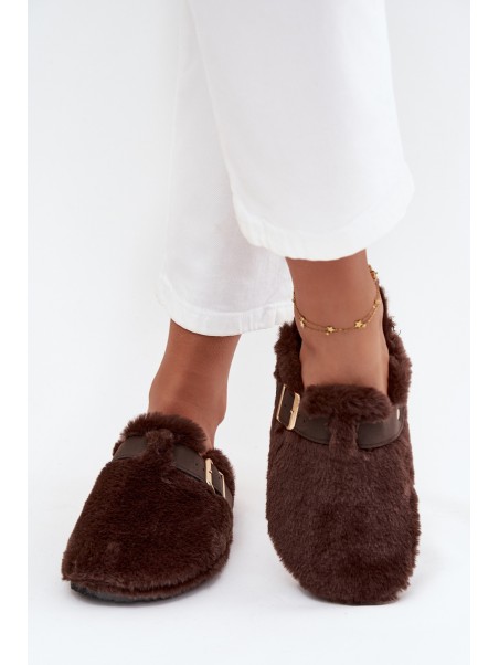 Faux fur women's slippers on a platform with a strap and buckle brown Noraline