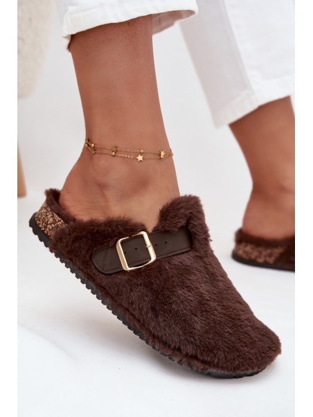 Faux fur women's slippers on a platform with a strap and buckle brown Noraline