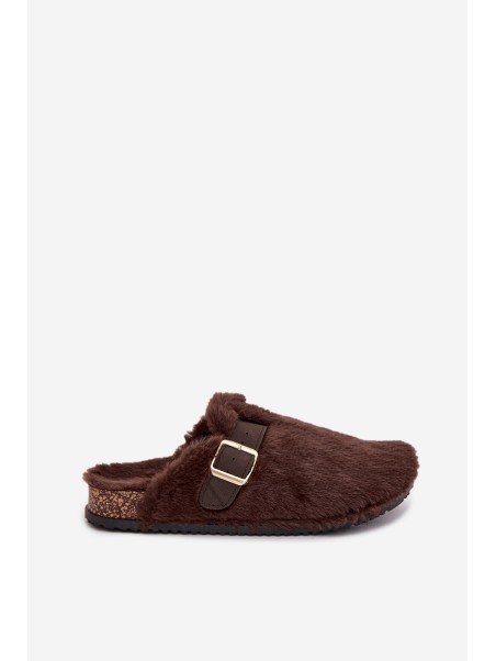 Faux fur women's slippers on a platform with a strap and buckle brown Noraline