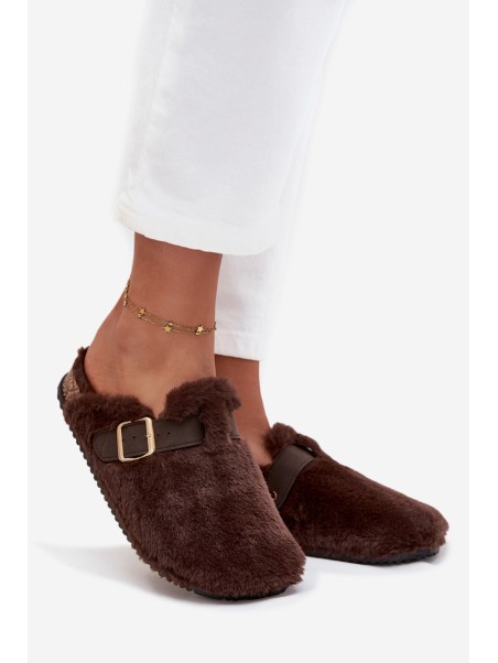 Faux fur women's slippers on a platform with a strap and buckle brown Noraline